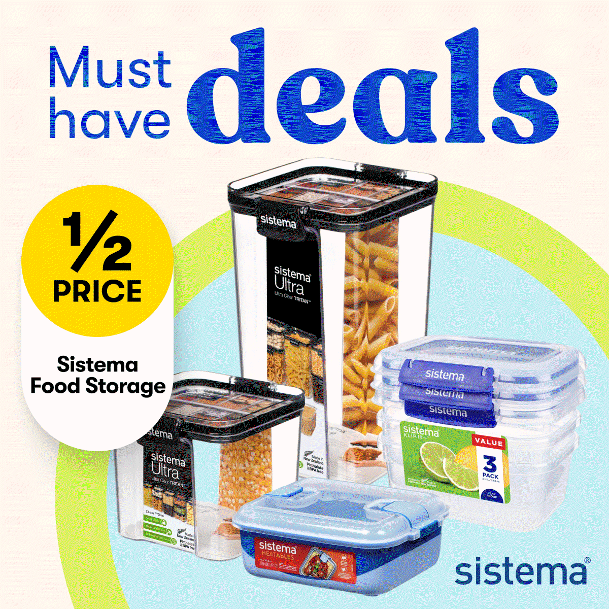 Must Have Deals - 1/2 PRICE Sistema Food Storage | $29 SAVE $29 Cadbury Jumbo Box Choccy | $399 EKO 50-inch 4K Ultra HD TV