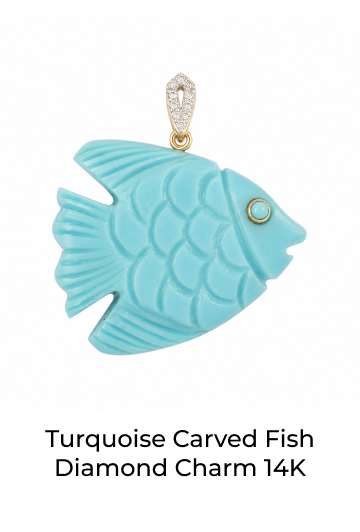 Turquoise Carved Fish Diamond Charm 14K
