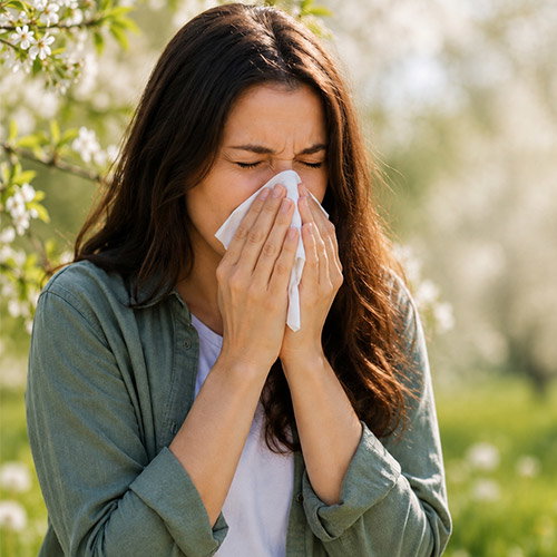 Young woman outdoors sneezing into a tissue among blossom trees, showing seasonal hay fever allergy in spring