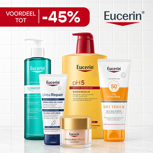 Eucerin skincare range on a counter: pH5 body wash, Dermopurifyer, Urea Repair, Hyaluron‑Filler jar and Dry Touch SPF50 tube, with up to 45% off badge