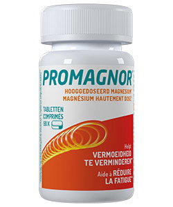 White bottle of Promagnor high‑dose magnesium chewable tablets (30 tablets) with orange label, for reducing fatigue