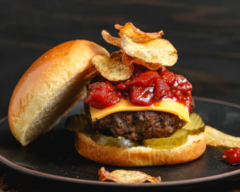 BBQ Tomato Jam Burger with Chips