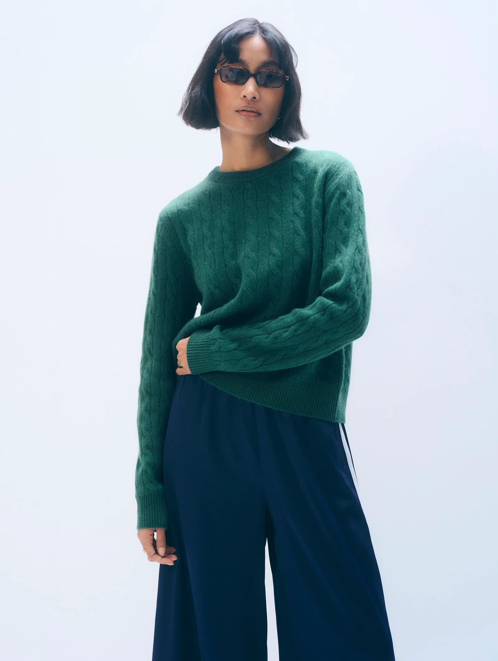 Image of Cashmere Varsity Cable Crewneck | Ivy Green