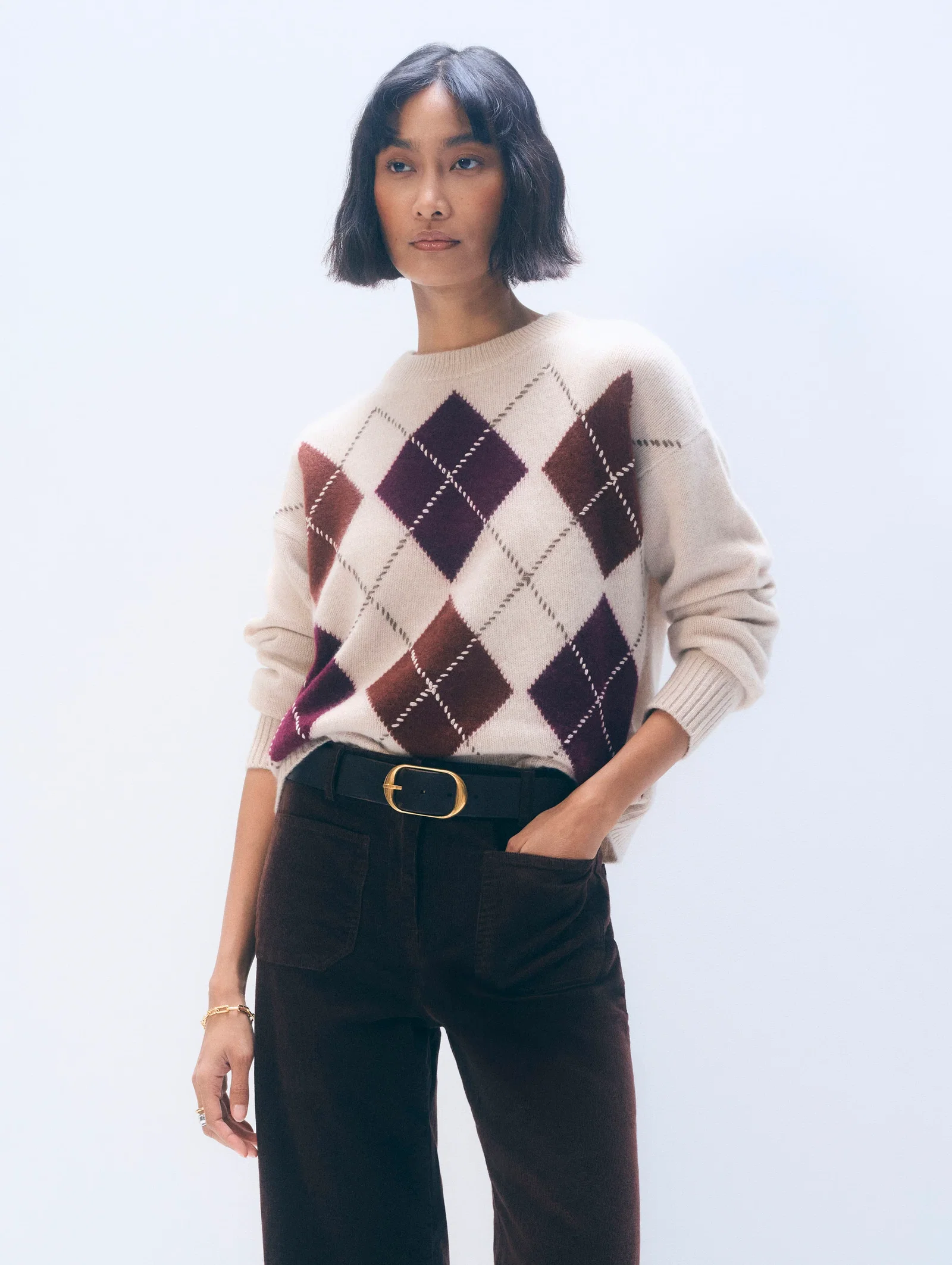 Image of Cashmere Argyle Crewneck | Wheat Combo