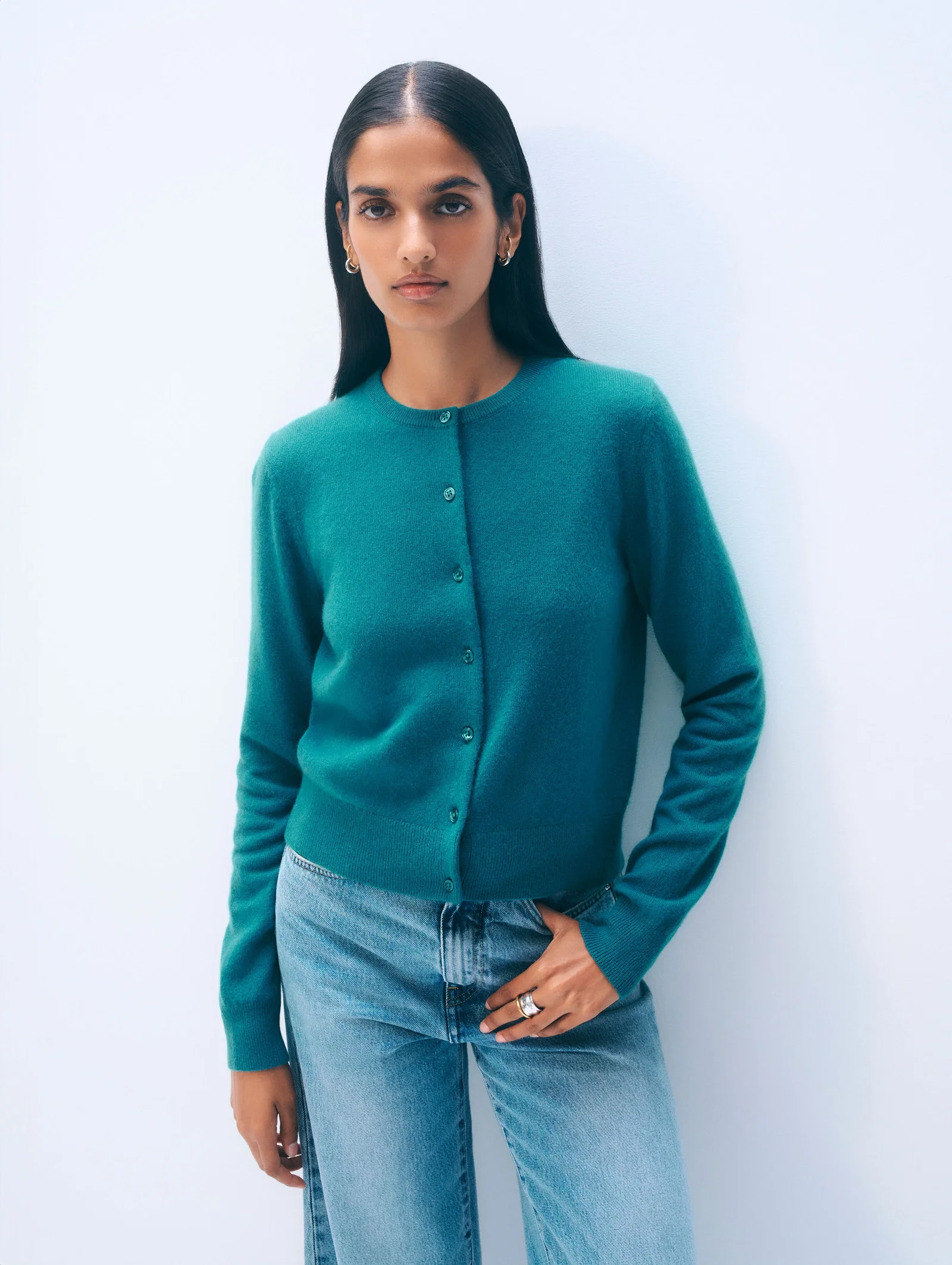 Image of Cashmere Crewneck Cardigan | Deepwater Teal