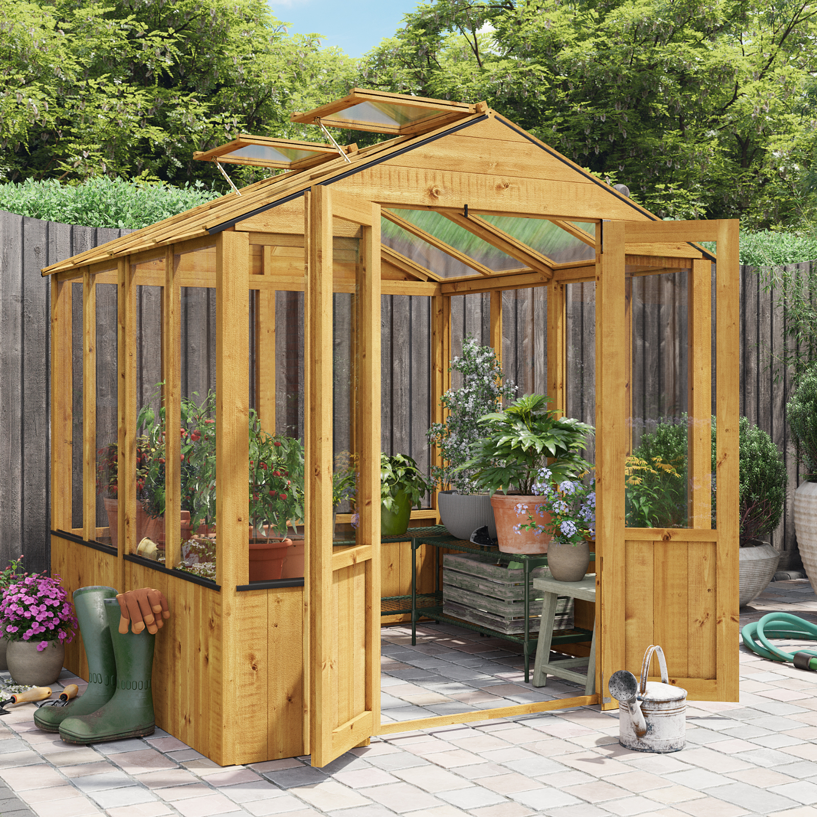 Image of BillyOh 4000 Lincoln Wooden Clear Wall Greenhouse with Roof Vent