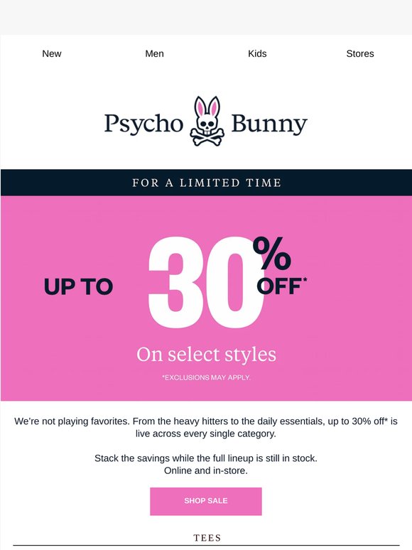Up To 30% Off* Tees, Polos, and More