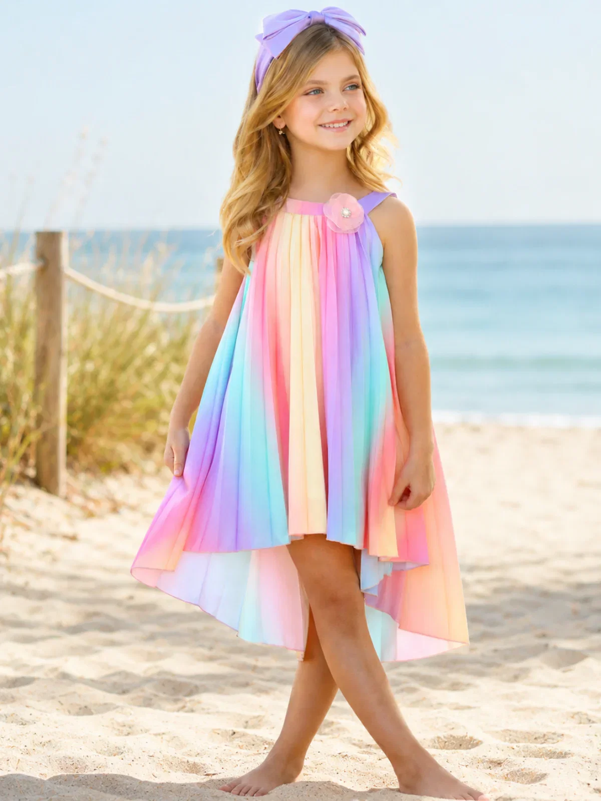 Image of Rainbow Pleated Hi-Lo Swing Dress