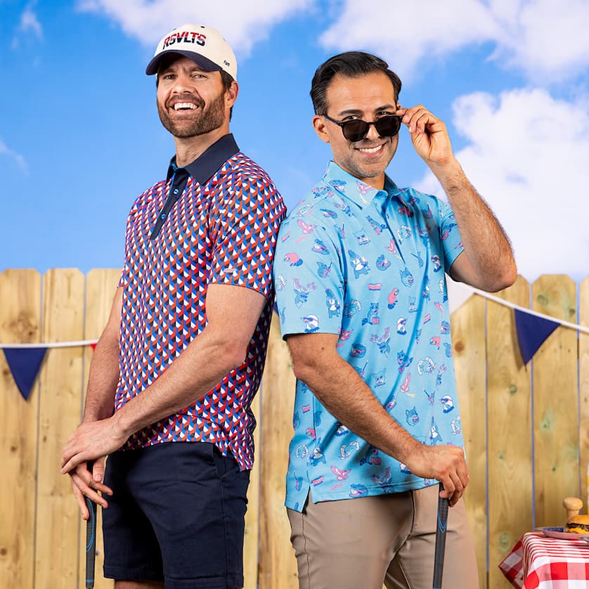 Two men wearing polos from Breakfast Balls Americana Collection