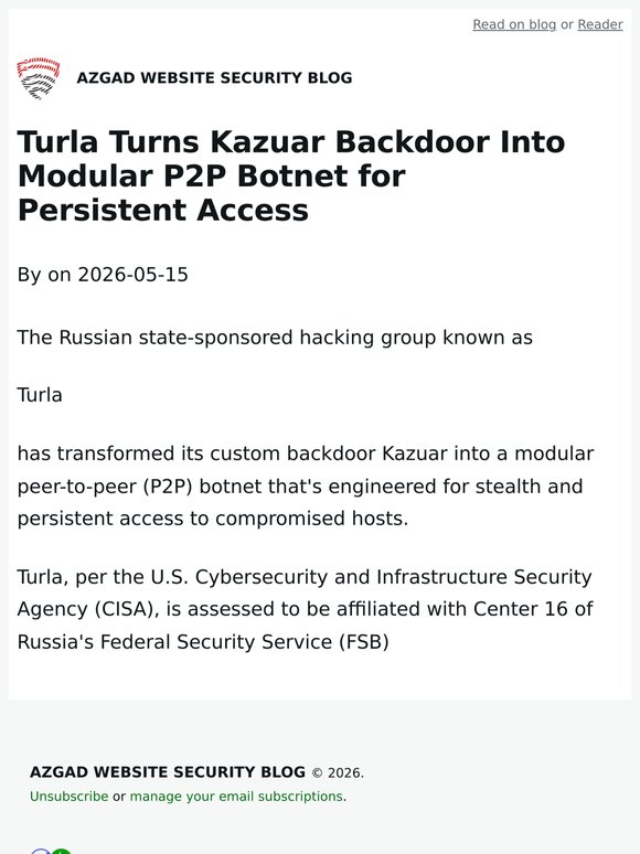 Turla Turns Kazuar Backdoor Into Modular P2P Botnet for Persistent Access