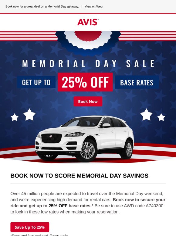 LAST CHANCE: Get up to 25% OFF with Avis' Memorial Day Sale