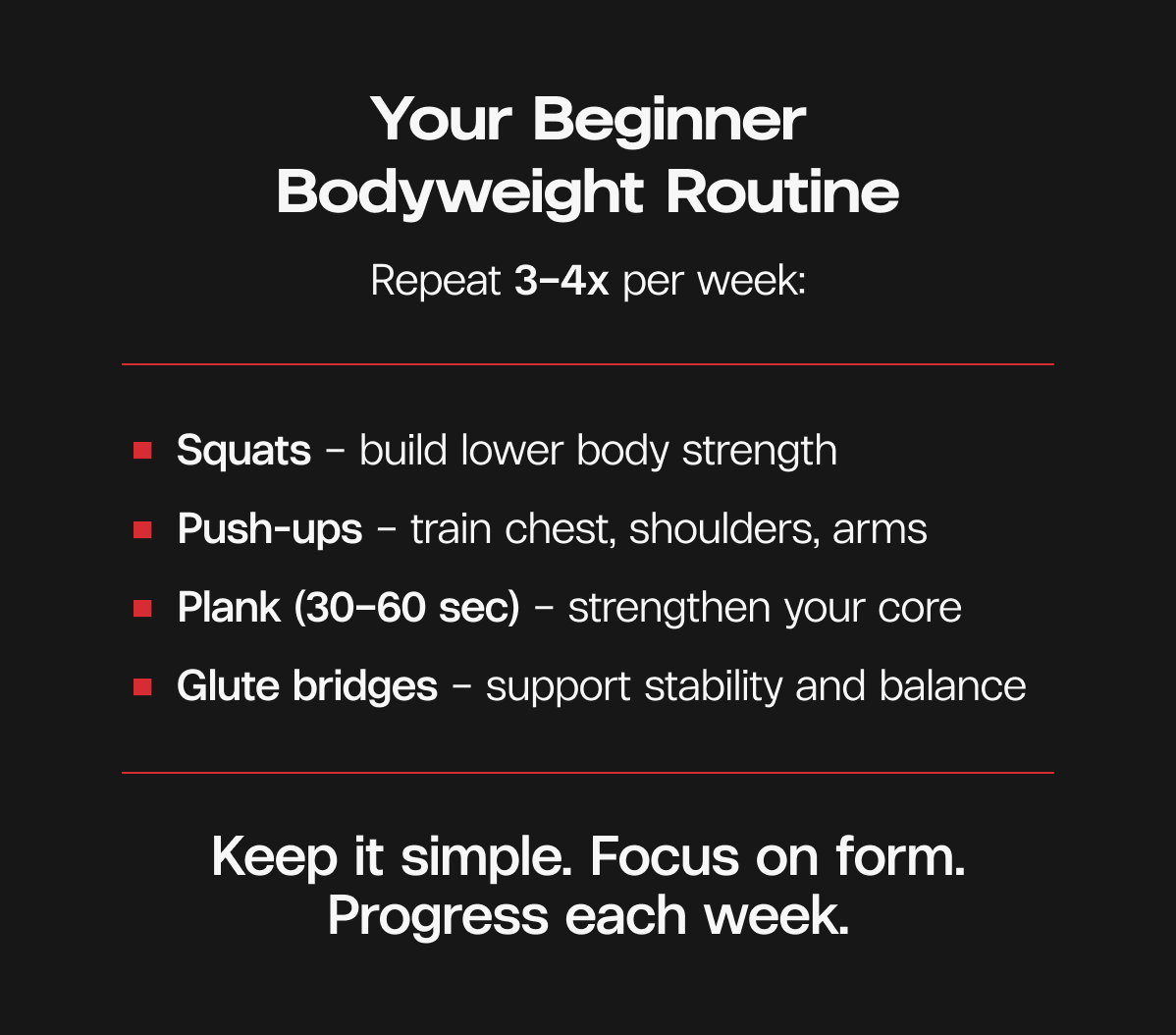 Your Beginner Bodyweight Routine  -  Repeat 3–4x per week:  Squats – build lower body strength  |  Push-ups – train chest, shoulders, arms  |  Plank (30–60 sec) – strengthen your core  |  Glute bridges – support stability and balance  -  Keep it simple. Focus on form. Progress each week.