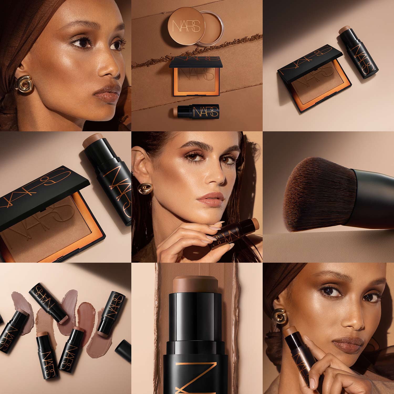 A collage featuring NARS makeup products and models. Top left and bottom right show a woman with radiant skin wearing gold earrings. Centre row includes another model holding a bronzing compact and lipstick. Right images display a makeup brush and pressed powder. Bottom left shows multiple lipstick shades on a brown background. Centre features a stick foundation.
