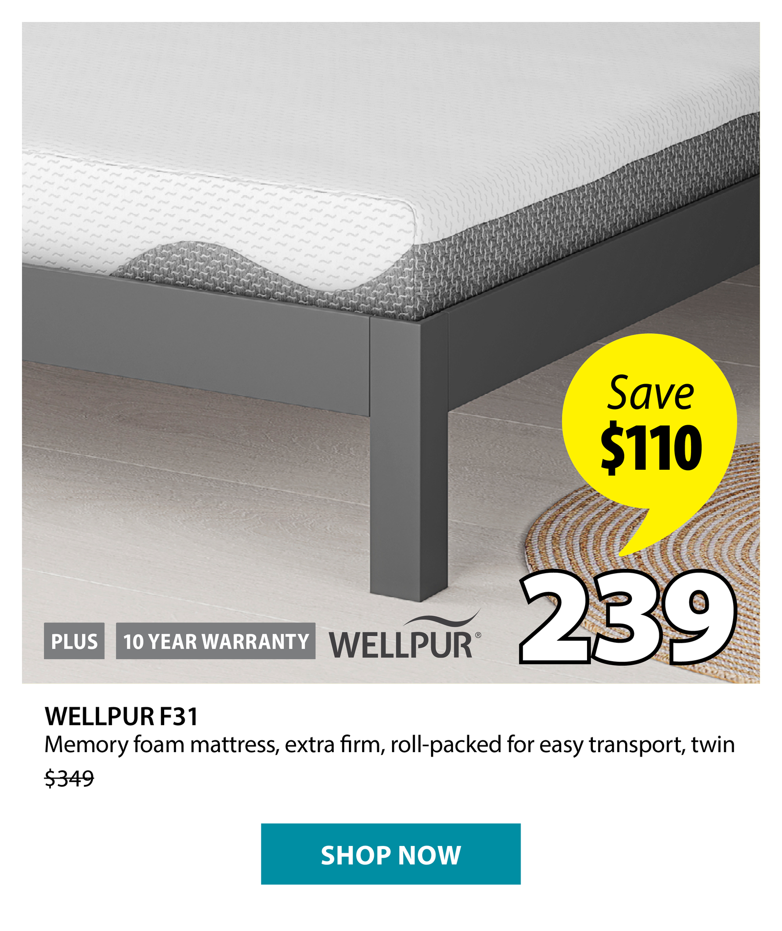 WELLPUR F31 Memory foam mattress | Save $110