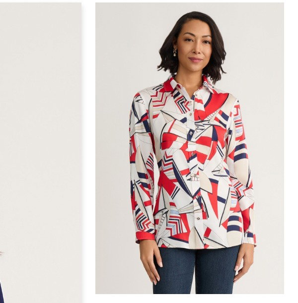 Abstract Print Button-Up Blouse, Satin Twill