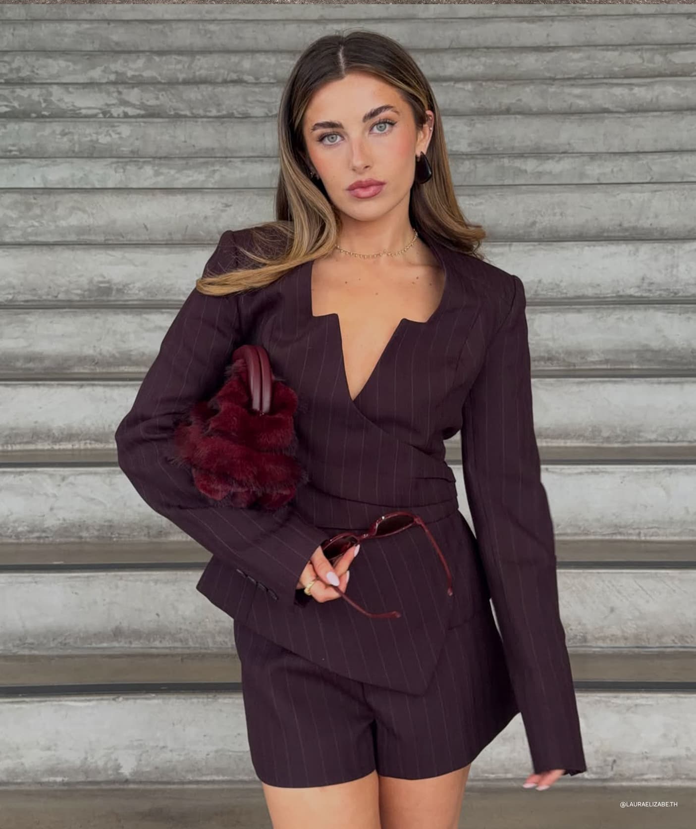 Agatha Square Neck Blazer - Plum Pinstripe