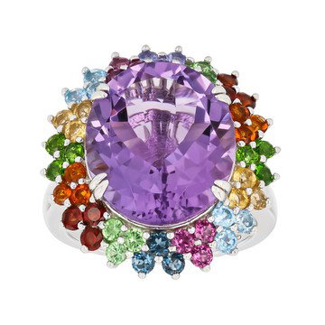Purple Canela Amethyst with Multi-Color Gemstone Rhodium Over Sterling Silver Ring 7.63ctw