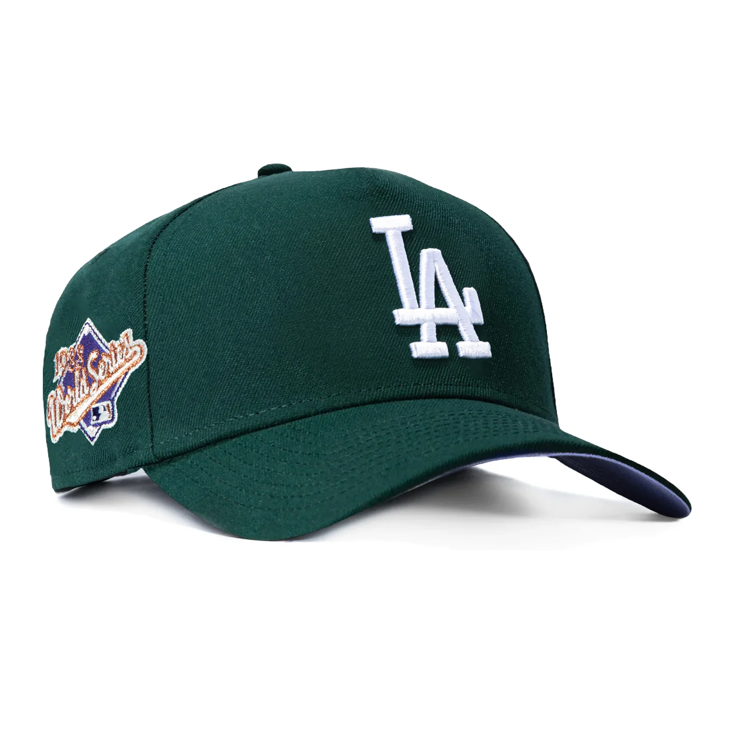 Image of New Era 9Forty A-Frame Los Angeles Dodgers 1988 World Series Patch Lavender UV Snapback Hat - Green