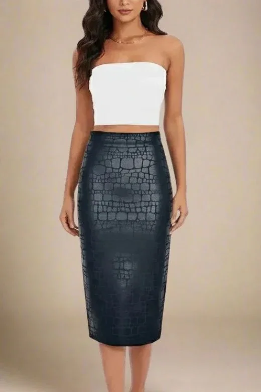 High Waist Leather Pencil Skirt Midi Length - Crocodile Black