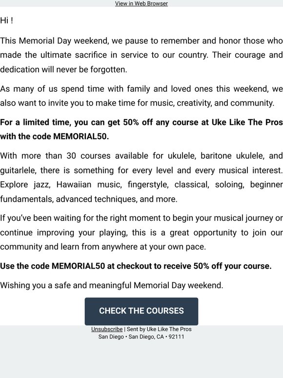 50% Off Courses All Memorial Day Weekend