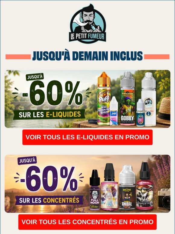 ⏳ Plus que 24h : jusqu’à -60% sur les e-liquides & -25% sur les kits