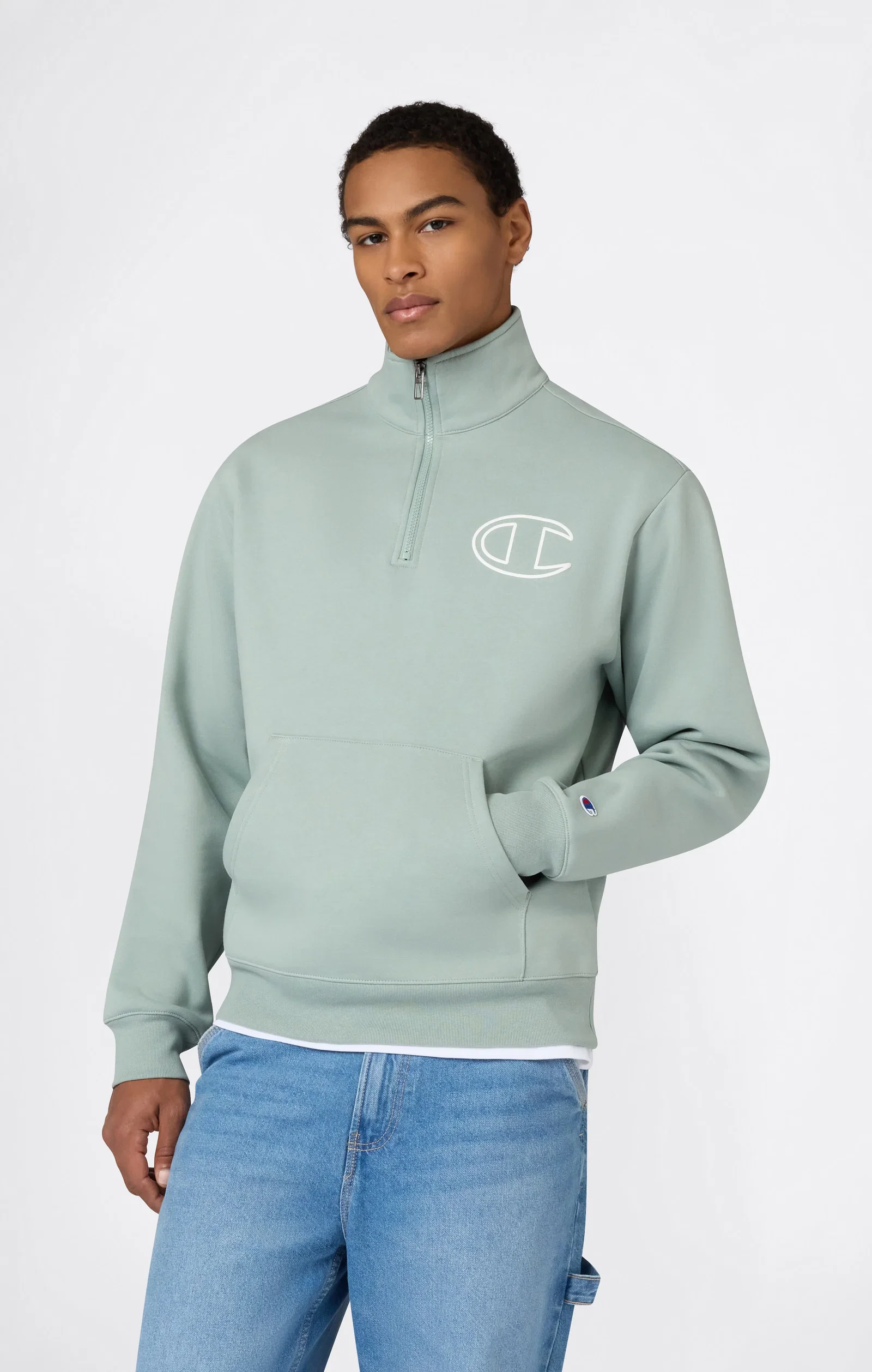 Image of Men’s Half Zip Sweatshirt With Brushed Interior And Puff Print Logo