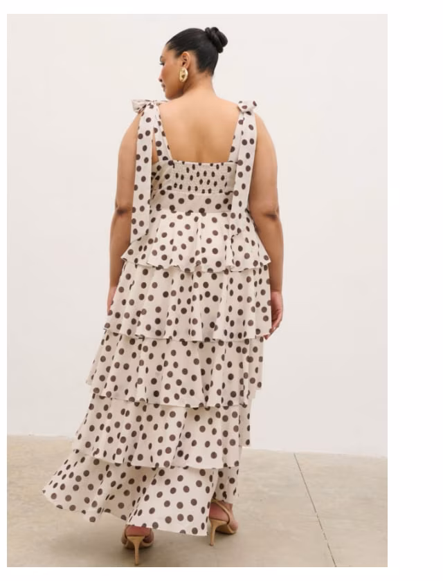 Model wears polka dot dress