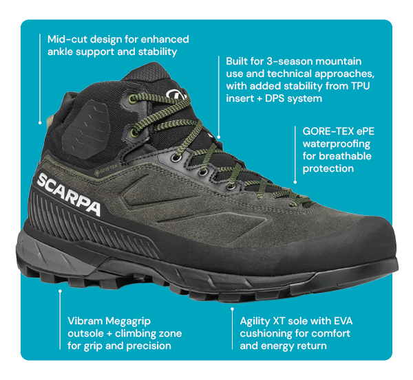Scarpa Men's Rapid XT Mid GORE-TEX Walking Boots. Mid-cut design for enhanced ankle support and stability. Built for 3-season mountain use and technical approaches, with added stability from TPU insert + DPS system. GORE-TEX ePE waterproofing for breathable protection. Vibram megagrip outsole + climbing zone for grip and precision. Agility XT sole with EVA cushioning for comfort and energy return.