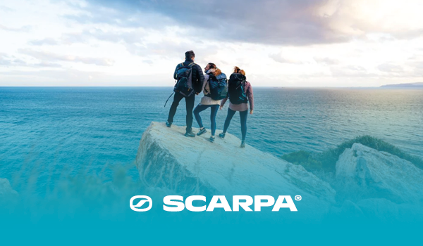 Three hikers stand at the peak of a hill, looking out over the sea,