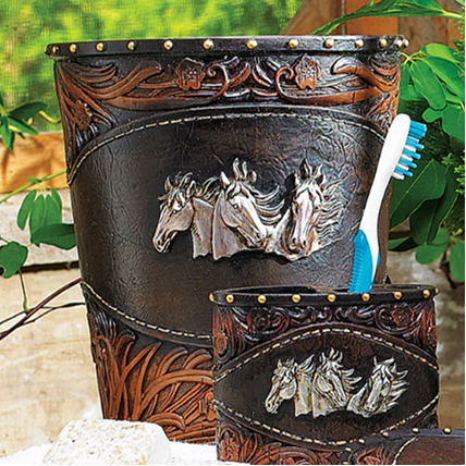 Horse Tooled Leather Waste Basket