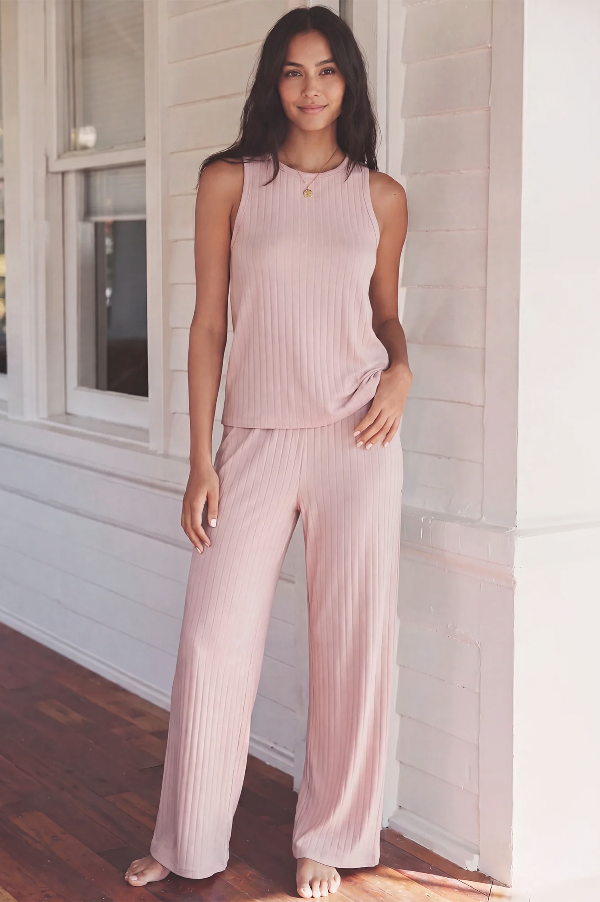 Sleeveless High Neck Ribbed Tank Pj Pant Set