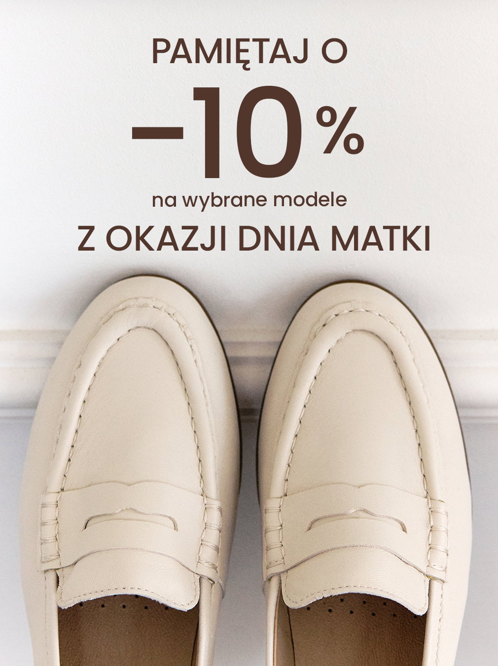 Cream loafers with Mother's Day 10% discount offer in Polish.