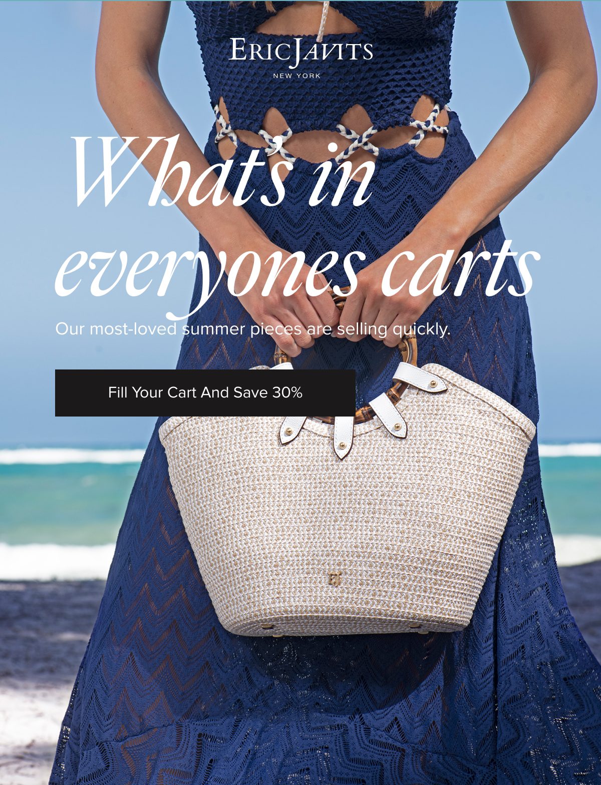 A woman in a blue dress holding a woven bag by the beach with text about summer pieces.