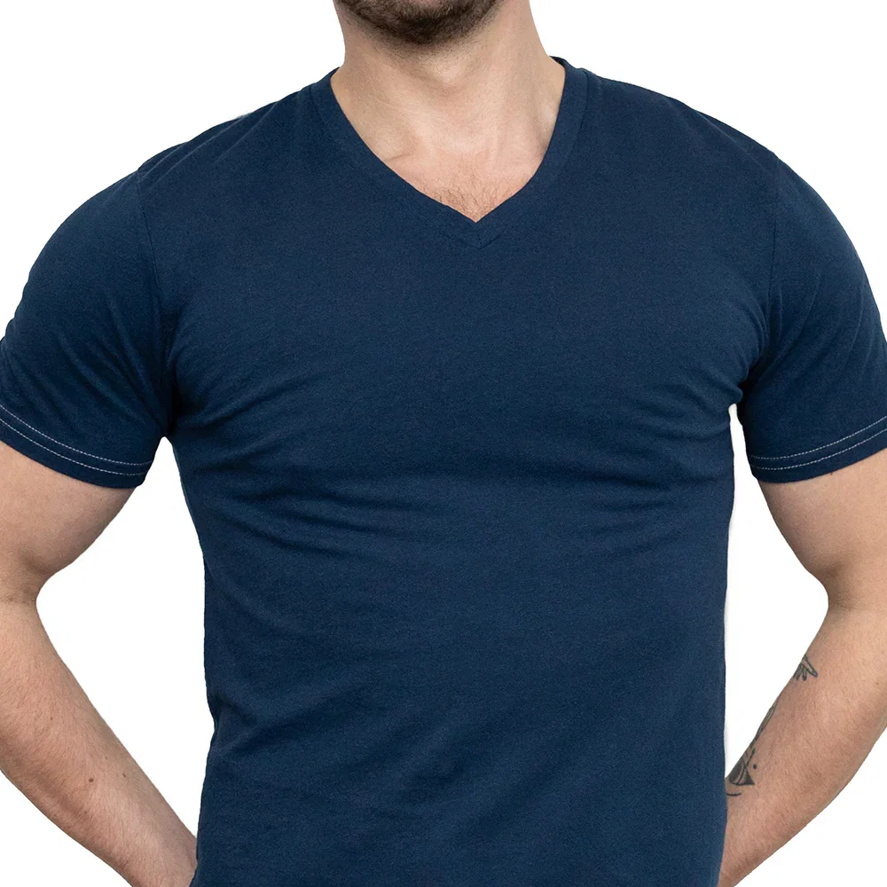 Image of The "VICTOR" Navy Blue Cotton V-Neck Short Sleeve Tee - Made In USA