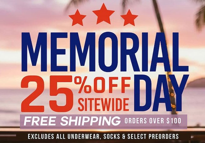 Memorial Day sale: 25% off sitewide, free shipping over $100.