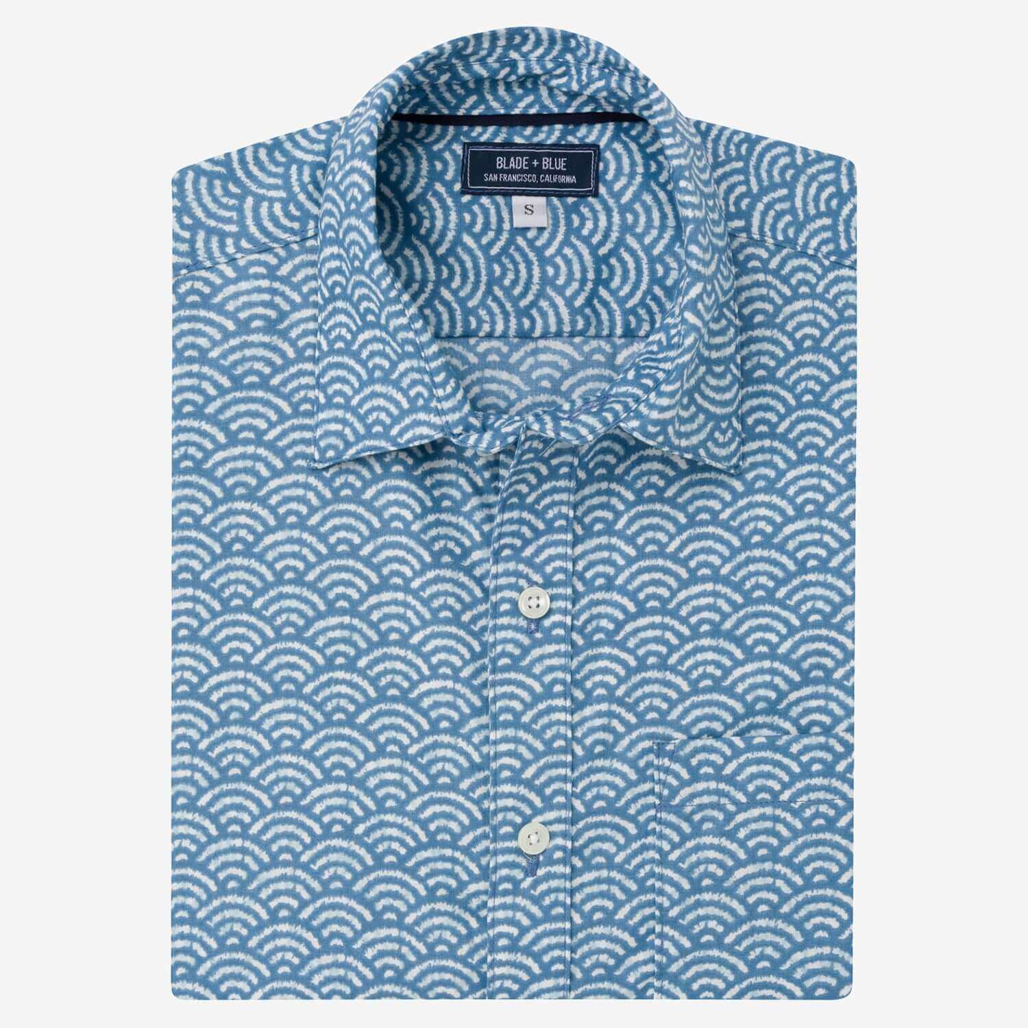 Image of BEAU Short Sleeve Shirt in Inky Blue Japanese Wave Print