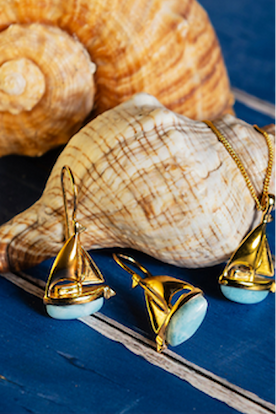 Sailboat / Boat / Yacht Drop Earrings in Silver with 24ct Gold and Larimar