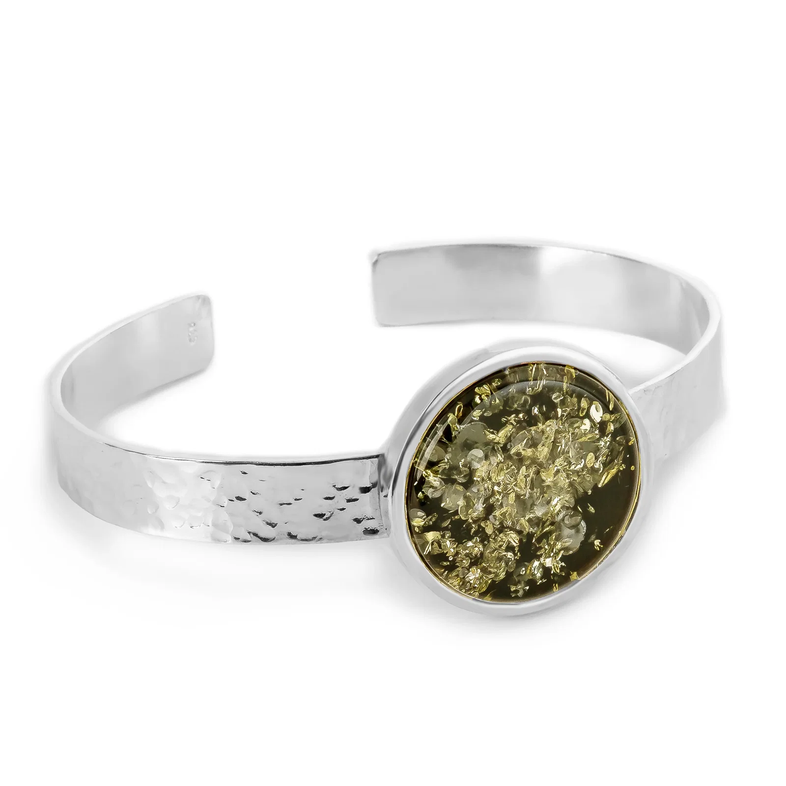Image of Handmade Statement Modern Bangle in Silver and Green Baltic Amber