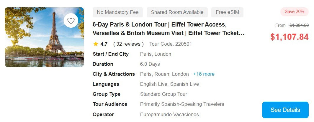 6-Day Paris & London Tour | Eiffel Tower Access, Versailles & British Museum Visit | Eiffel Tower Ticket Included | Hotel Breakfast Included 4.7 (32 reviews) Tour Code: 220501