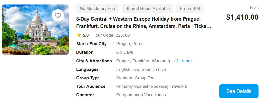 8-Day Central + Western Europe Holiday from Prague: Frankfurt, Cruise on the Rhine, Amsterdam, Paris | Ticket Admission Included 5.0 Tour Code: 223780
