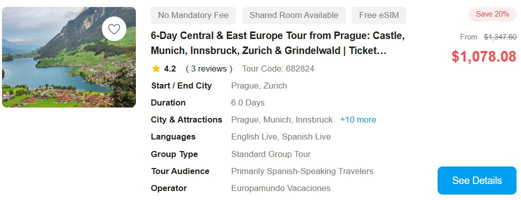 6-Day Central & East Europe Tour from Prague: Castle, Munich, Innsbruck, Zurich & Grindelwald | Ticket Admission Included 4.2 (3 reviews) Tour Code: 682824