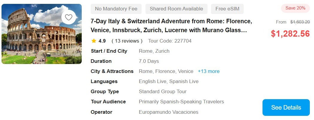 7-Day Italy & Switzerland Adventure from Rome: Florence, Venice, Innsbruck, Zurich, Lucerne with Murano Glass Factory Experience 4.9 (13 reviews) Tour Code: 227704