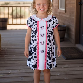 Western ranch girl cow embroidery short sleeve girls boutique dress 2601060M