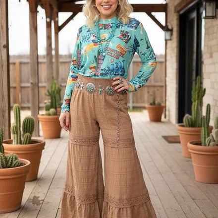 Western turquoise prints mesh women boutique shirt Southern Stitch GJQ17182