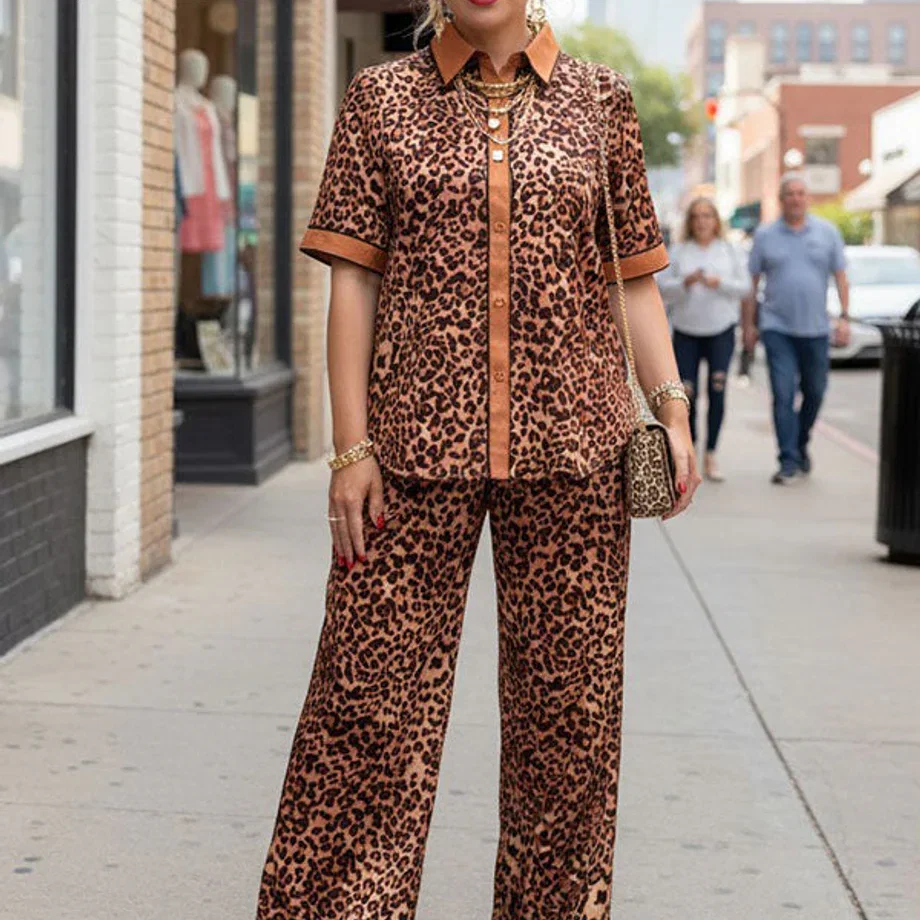 Southern Stitch leopard short sleeve top & pant 2pc women set GJQ17011 GS2