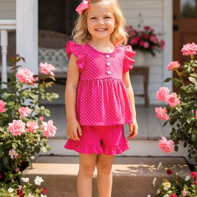 Trendy Pink polka dot top & shorts 2pcs girls boutique set DLH1124-14 (A3S2)