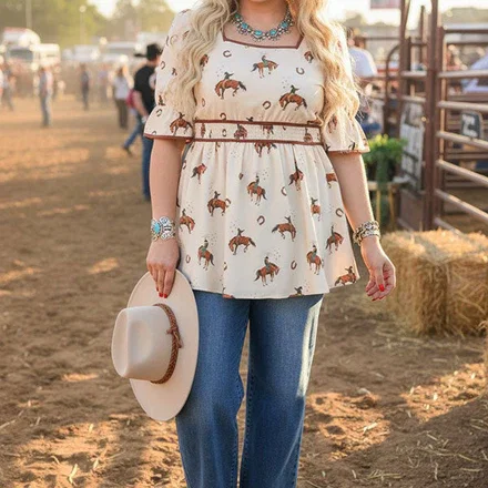 Western rodeo baby doll women boutique blouse Southern Stitch GJQ16979