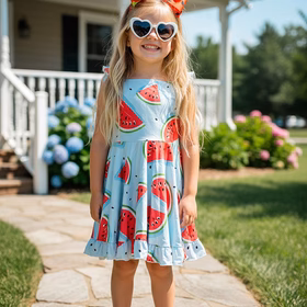 Trendy patchwork watermelon printed girl boutique dress DLH2365 (A2S3)