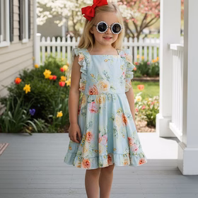 Trendy turquoise floral print girls bouitique dress DLH2364 (A1S4)