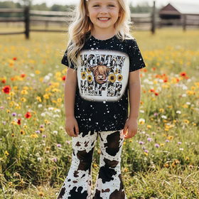 Western cowgirl black short sleeve top cow bell bottom 2pc girls boutique sets DLH2636 (A5S1)